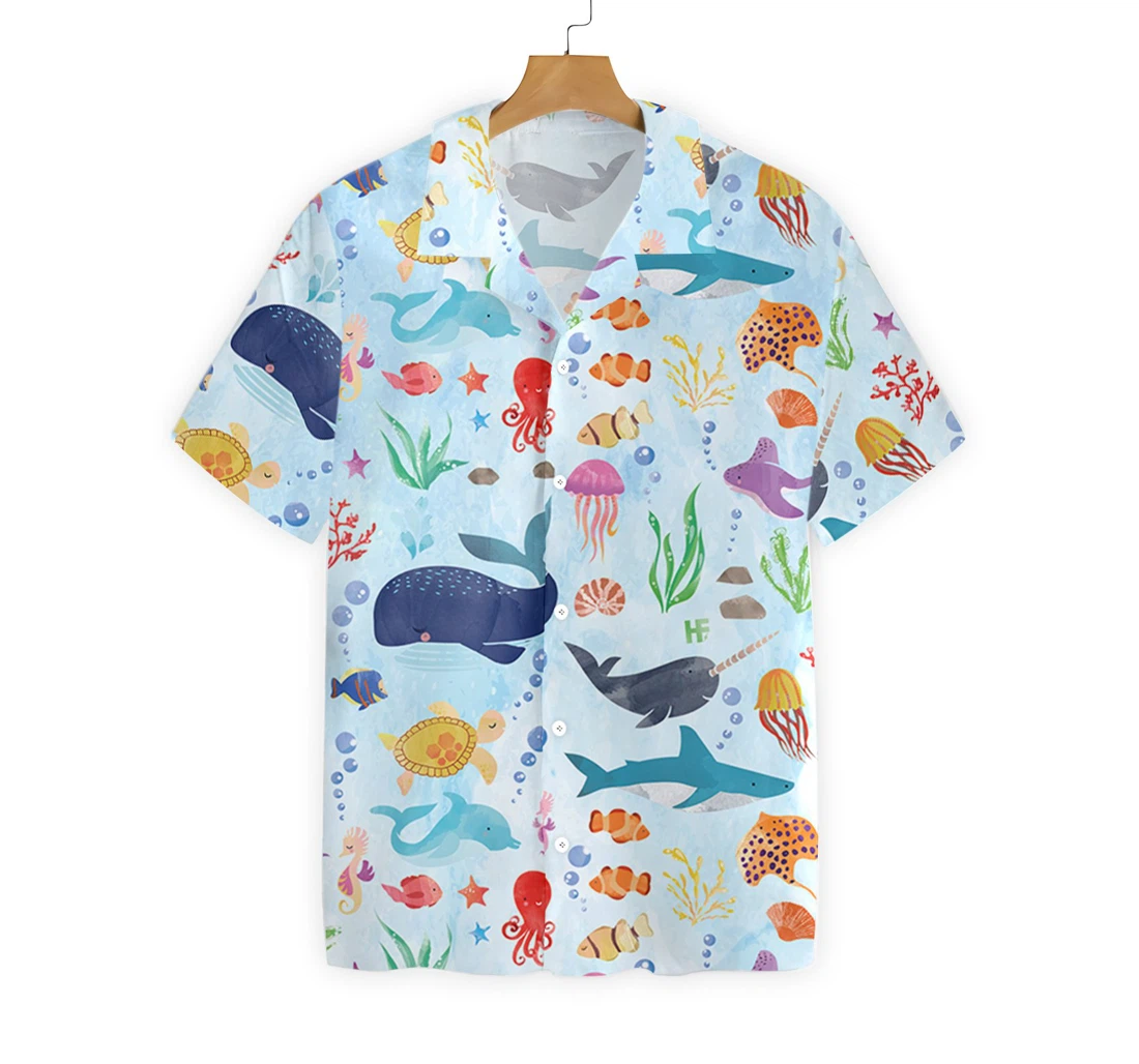 Ocean Fish Pattern Hawaiian Shirt, Button Up Aloha Shirt For Men, Women