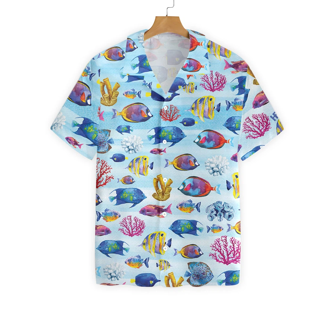 Fish And Corals Hawaiian Shirt, Button Up Aloha Shirt For Men, Women