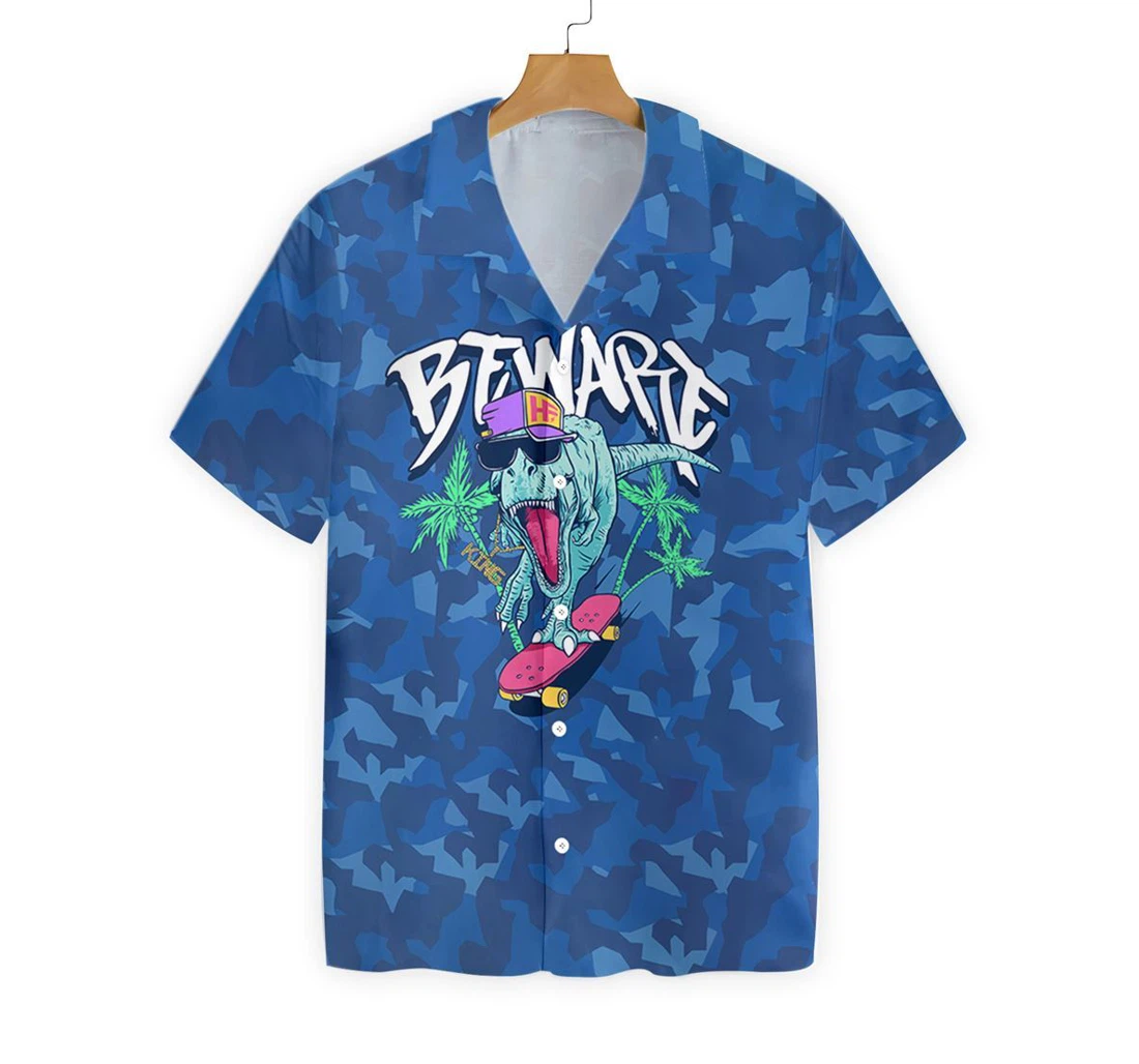 Beware T-rex Skating Dinosaur Hawaiian Shirt, Button Up Aloha Shirt For Men, Women