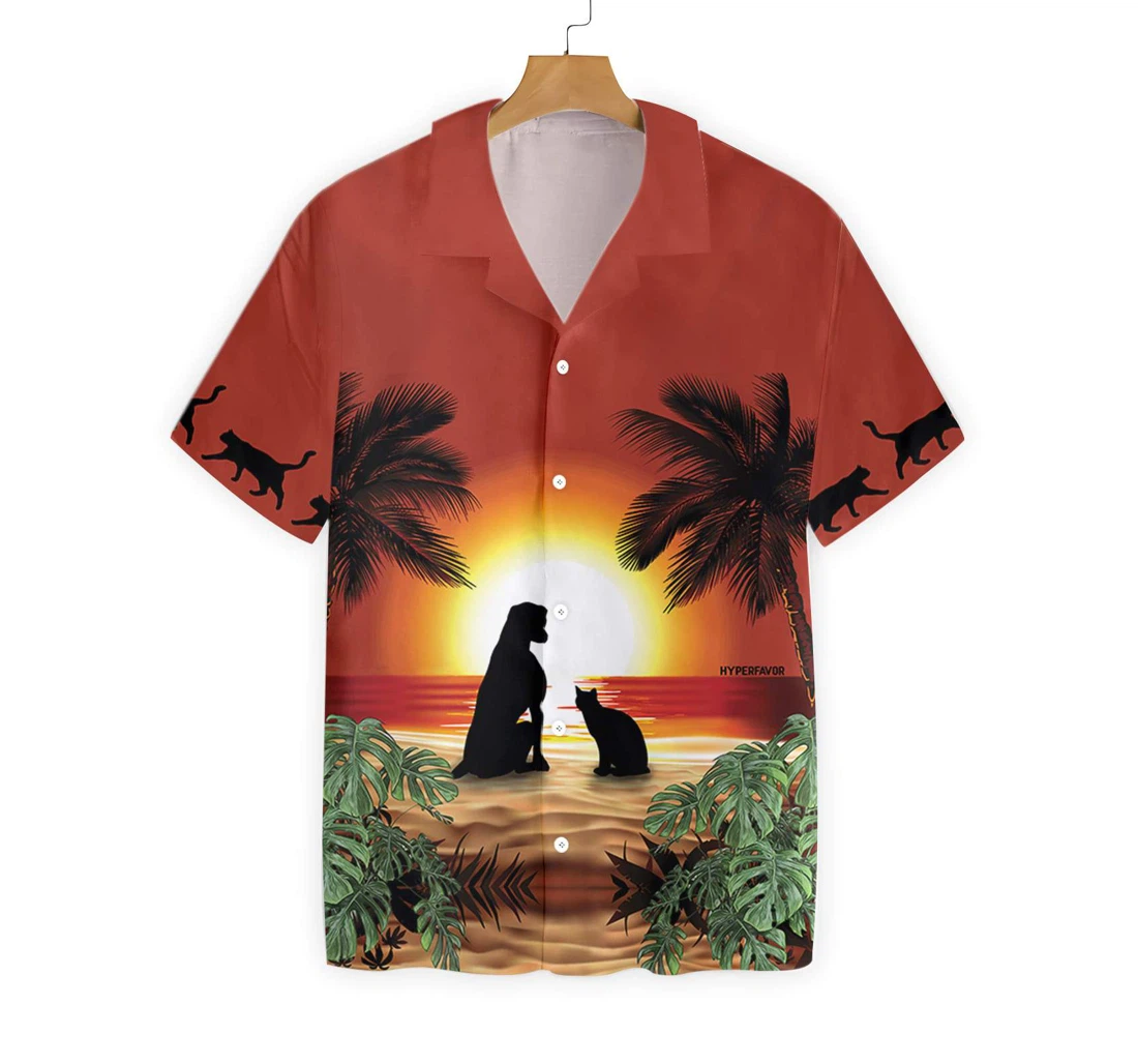 Cat And Dog Sunset Hawaiian Shirt, Button Up Aloha Shirt For Men, Women