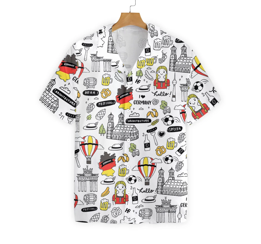 I Love Germany Doodle Hawaiian Shirt, Button Up Aloha Shirt For Men, Women