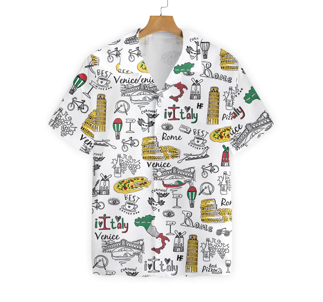 I Love Italy Doodle Hawaiian Shirt, Button Up Aloha Shirt For Men, Women