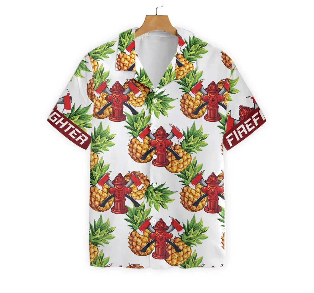 Firefighter Pineapple Seamless Pattern Custom Personalized Cross Axes Firefighter Hawaiian Shirt, Button Up Aloha Shirt For Men, Women