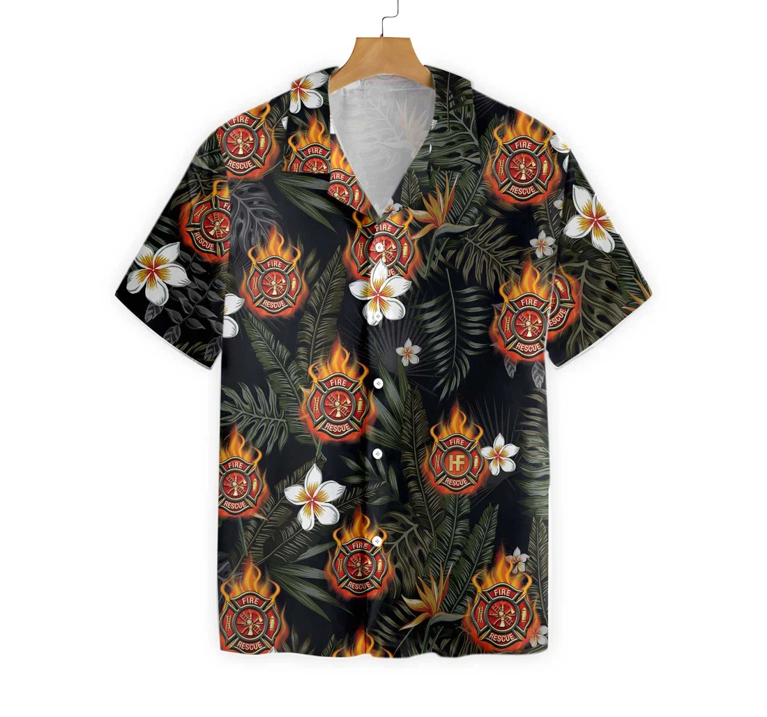 Firefighter Logo On Flame And Black Seamless Firefighter Firefighter Hawaiian Shirt, Button Up Aloha Shirt For Men, Women