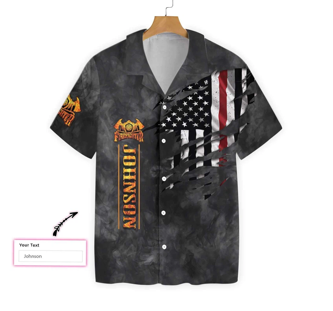 Husband Daddy Firefighter Custom Personalized Black Ripped American Flag Firefighter Hawaiian Shirt, Button Up Aloha Shirt For Men, Women