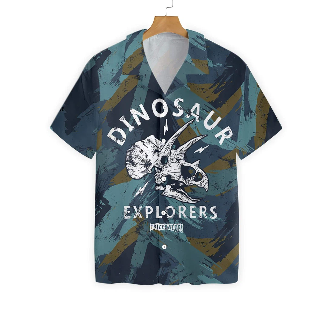 Dinosaur Explores Triceratops Hawaiian Shirt, Button Up Aloha Shirt For Men, Women