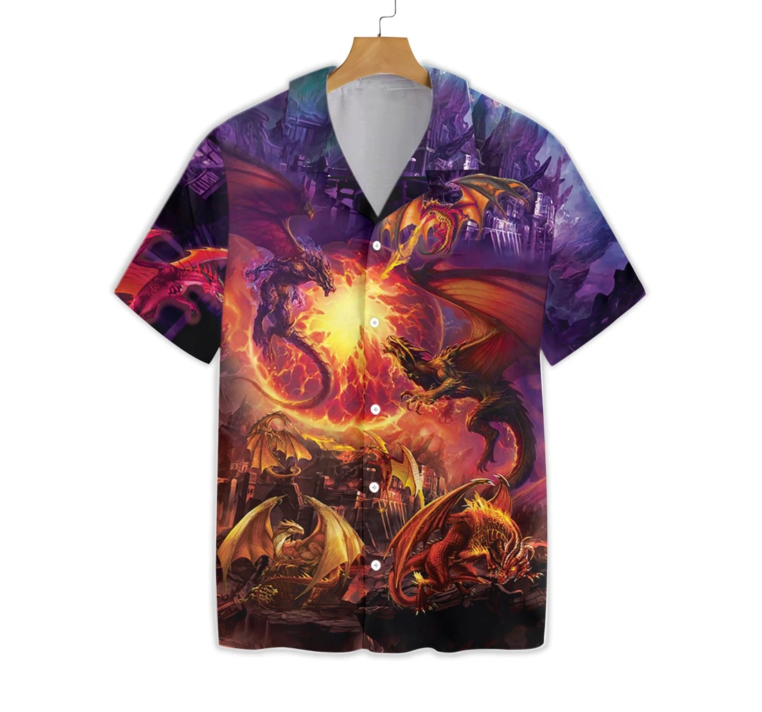 Dragons With Breathing Fire Art Hawaiian Shirt, Button Up Aloha Shirt For Men, Women