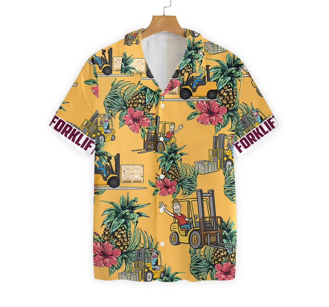 Forklift Pineapple Seamless Pattern Hawaiian Shirt, Button Up Aloha Shirt For Men, Women