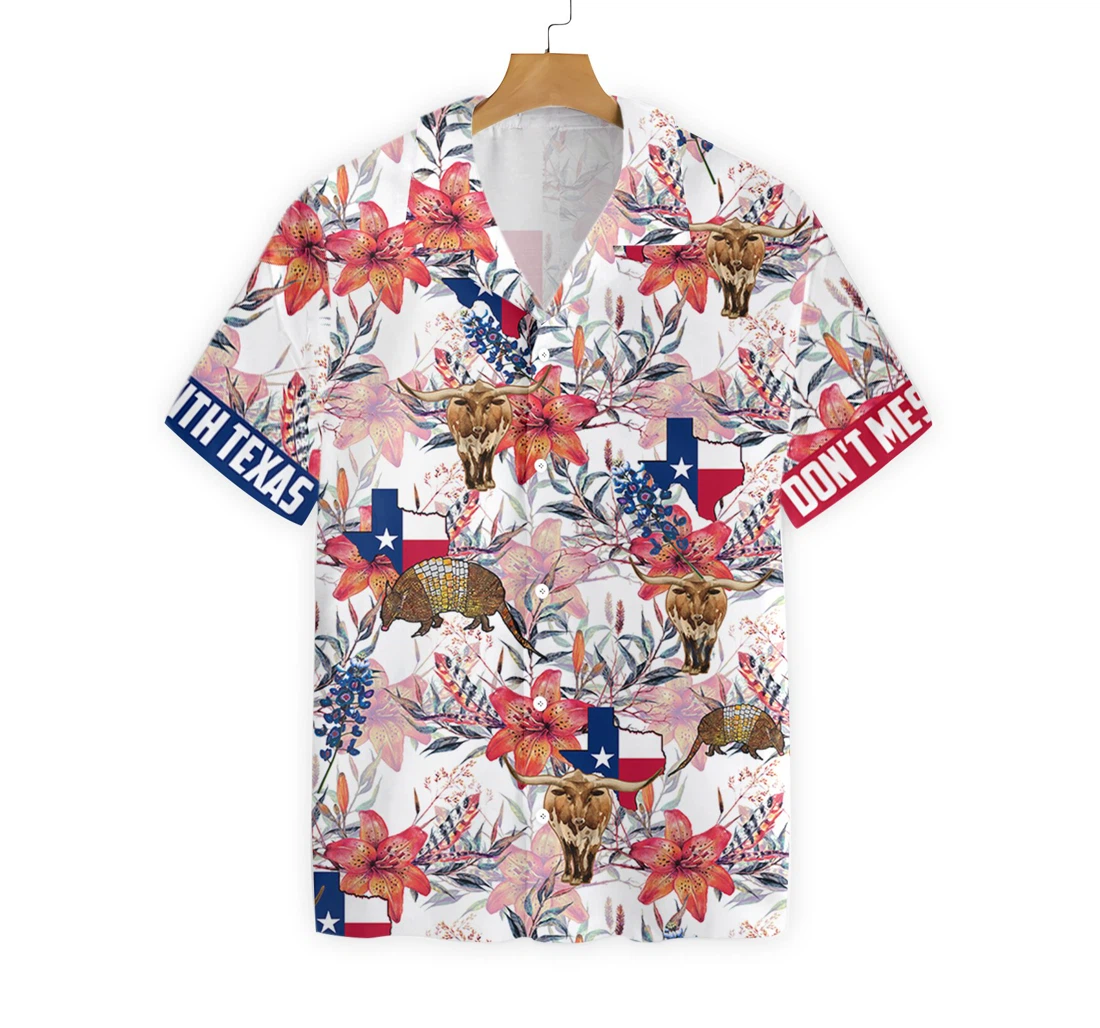 Texas Longhorn Bluebonnet And Armadillo Texas Flag Proud Texas Hawaiian Shirt, Button Up Aloha Shirt For Men, Women