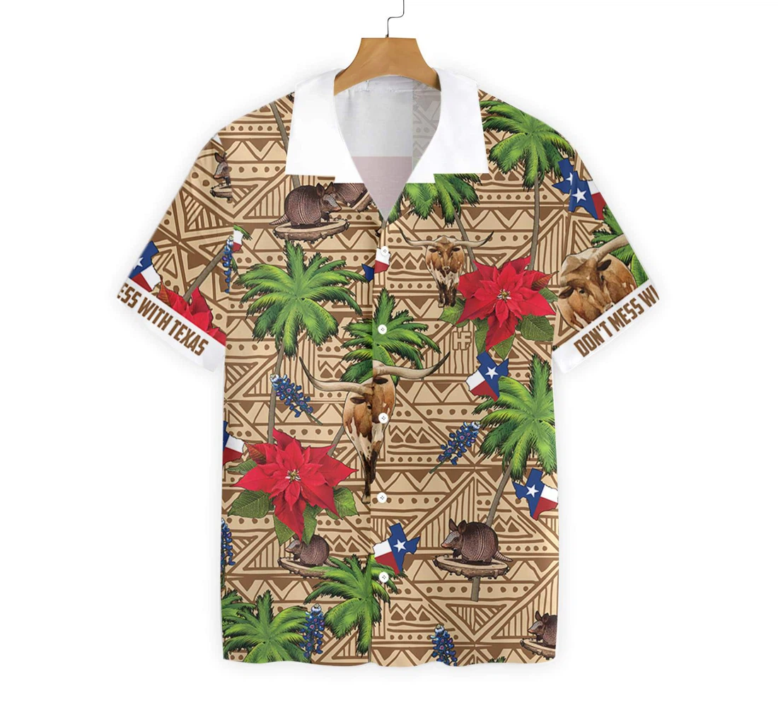 Brown Tribal Pattern Texas White Neck Version, Don't Mess With Texas Armadillo And Longhorn Texas State Hawaiian Shirt, Button Up Aloha Shirt For Men, Women