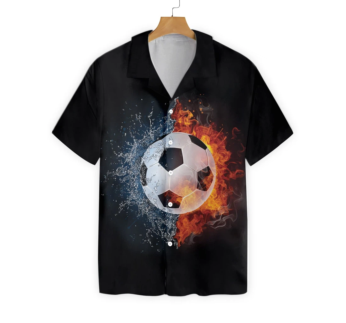Soccer Ball In Fire And Water Hawaiian Shirt, Button Up Aloha Shirt For Men, Women