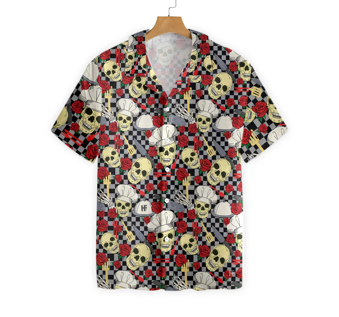 Skulls In Chef Hats And Red Roses Patterned Hawaiian Shirt, Button Up Aloha Shirt For Men, Women