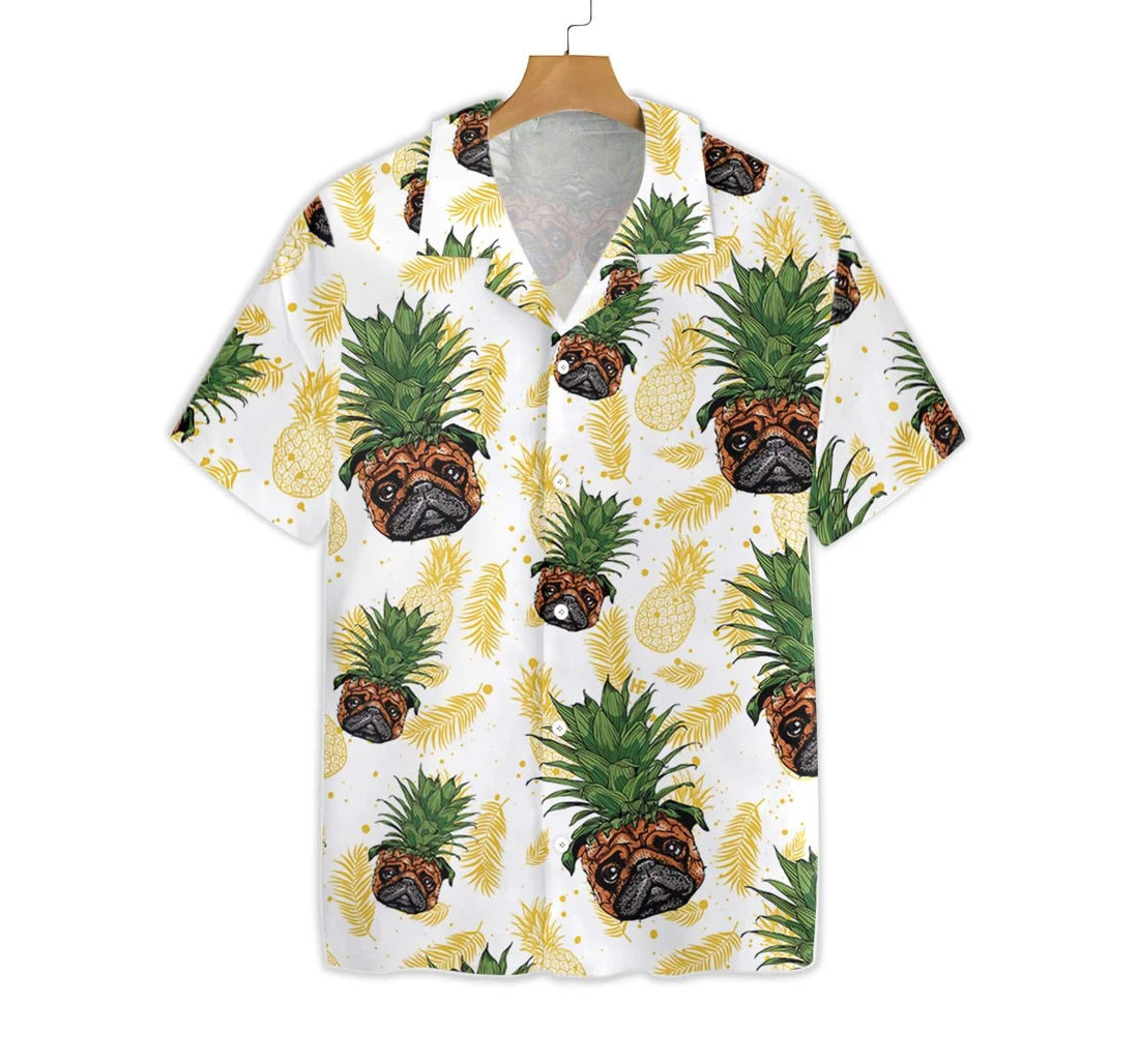 Pug Pineapple Head Seamless Dogs Hawaiian Shirt, Button Up Aloha Shirt For Men, Women