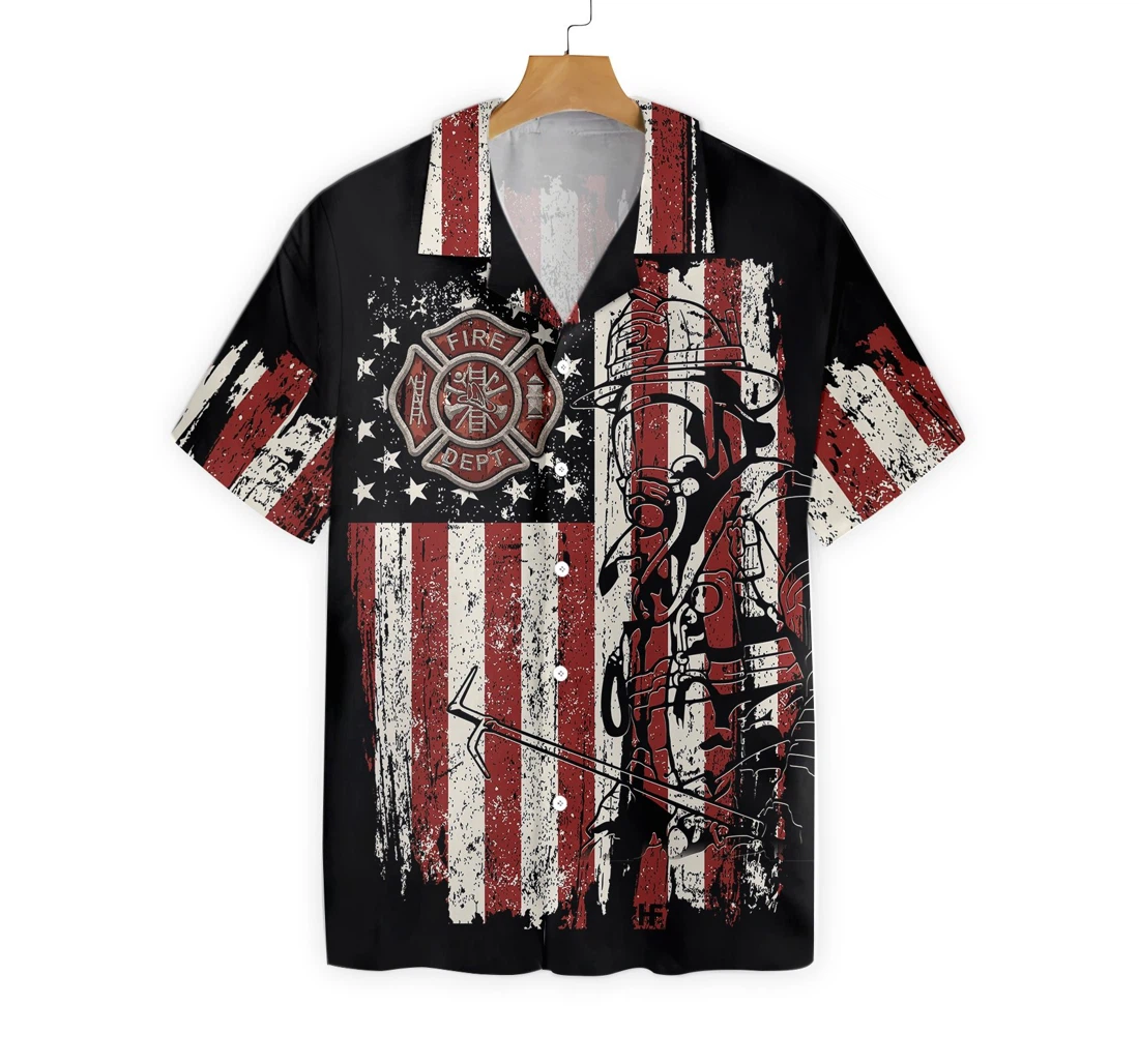 Black American Flag Fire Dept Firefighter Fire Department Badge Firefighter Hawaiian Shirt, Button Up Aloha Shirt For Men, Women