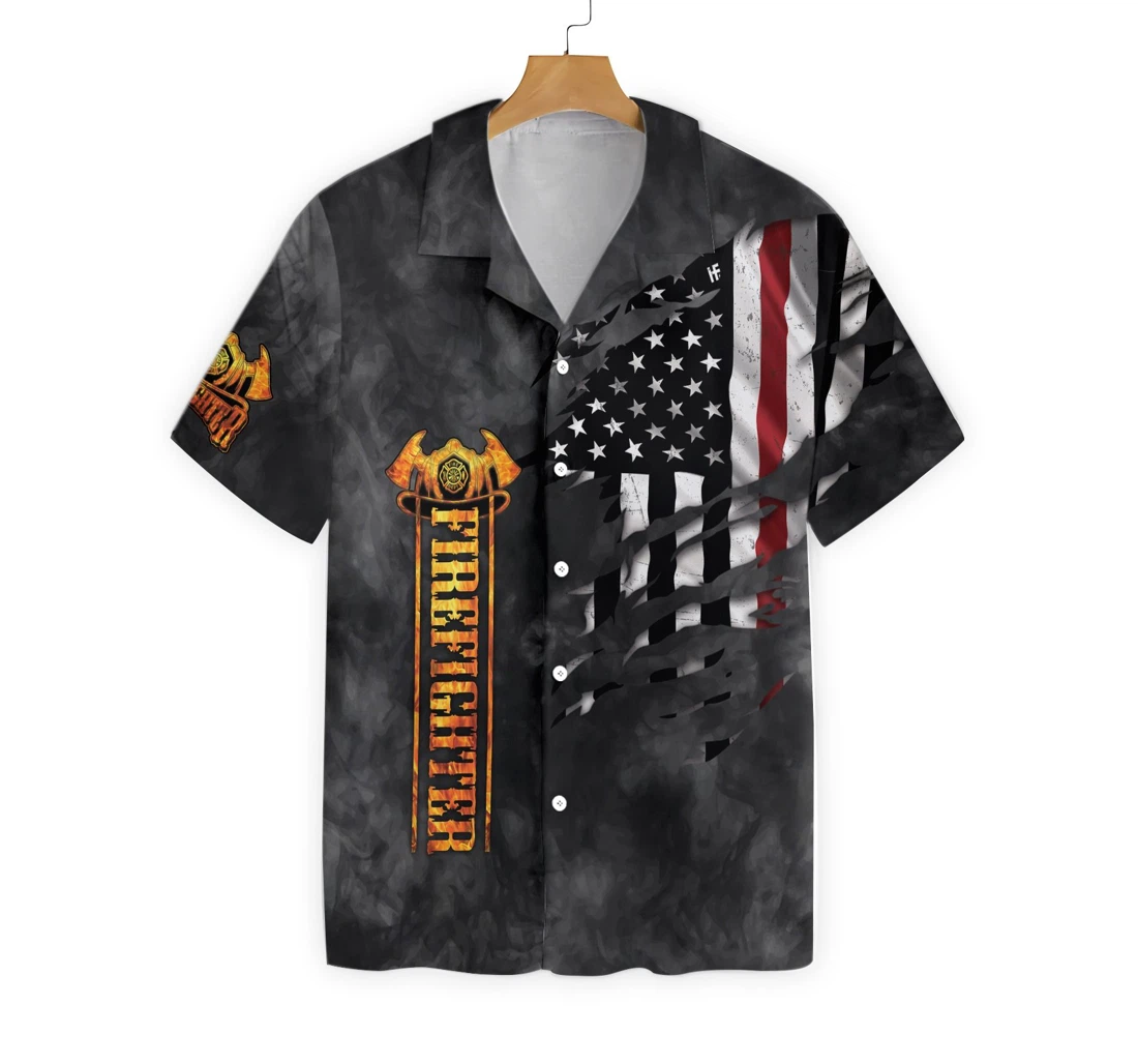 Husband Daddy Firefighter Protector Hero Firefighter Black Ripped American Flag Firefighter Hawaiian Shirt, Button Up Aloha Shirt For Men, Women