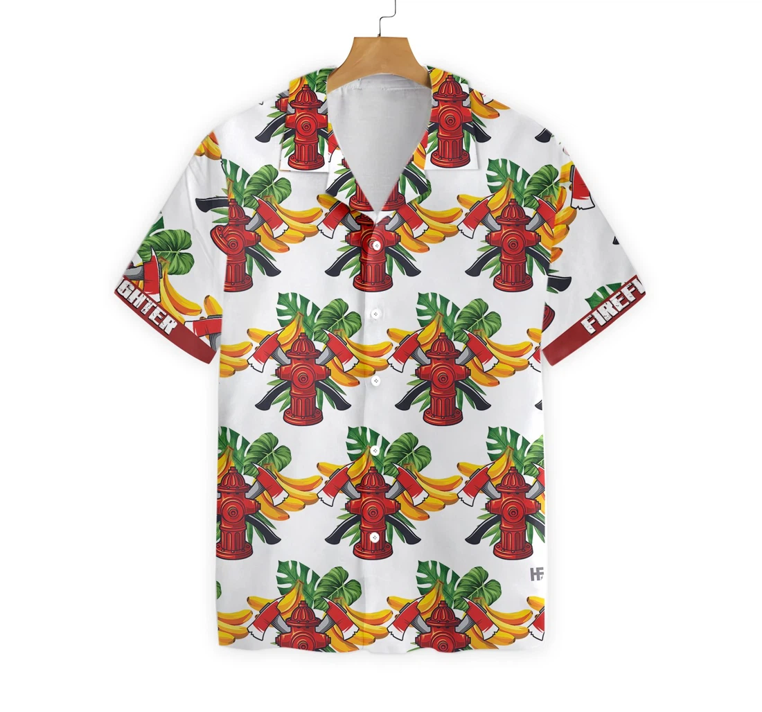 Firefighter Banana Pattern Custom Personalized Cross Axes Firefighter Hawaiian Shirt, Button Up Aloha Shirt For Men, Women