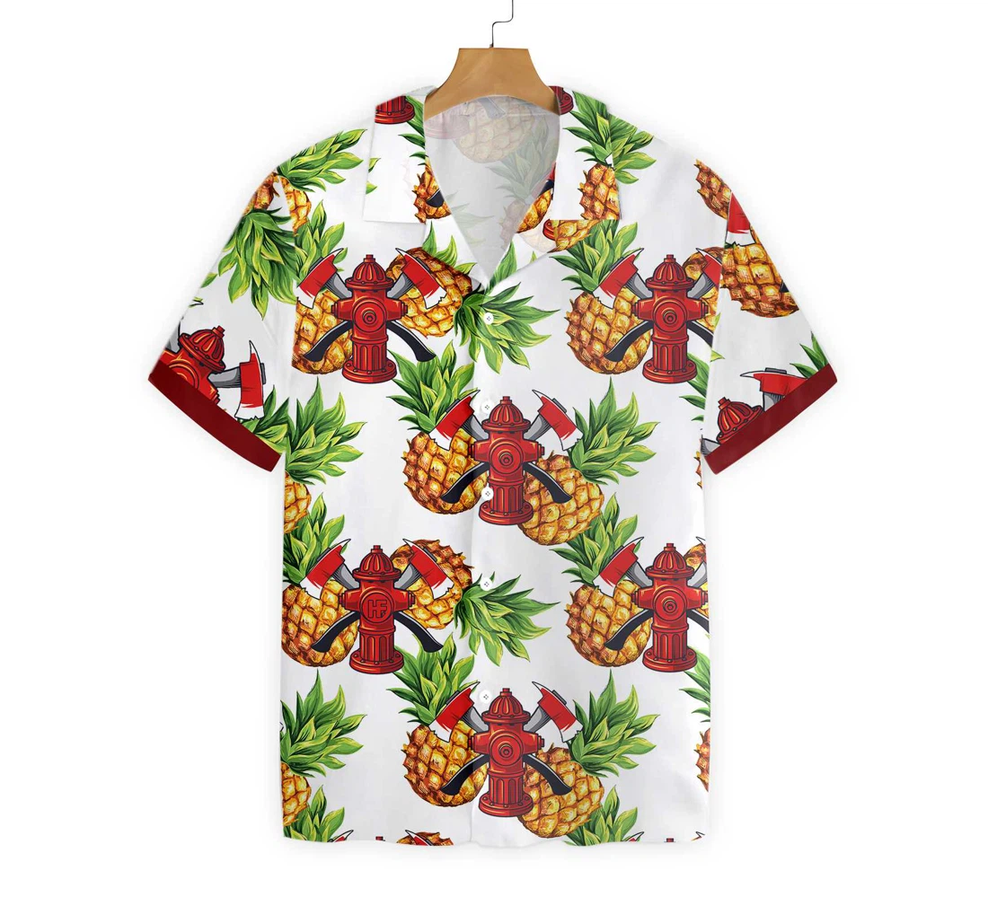 Pineapple Seamless Pattern Firefighter Cross Axes Firefighter Hawaiian Shirt, Button Up Aloha Shirt For Men, Women