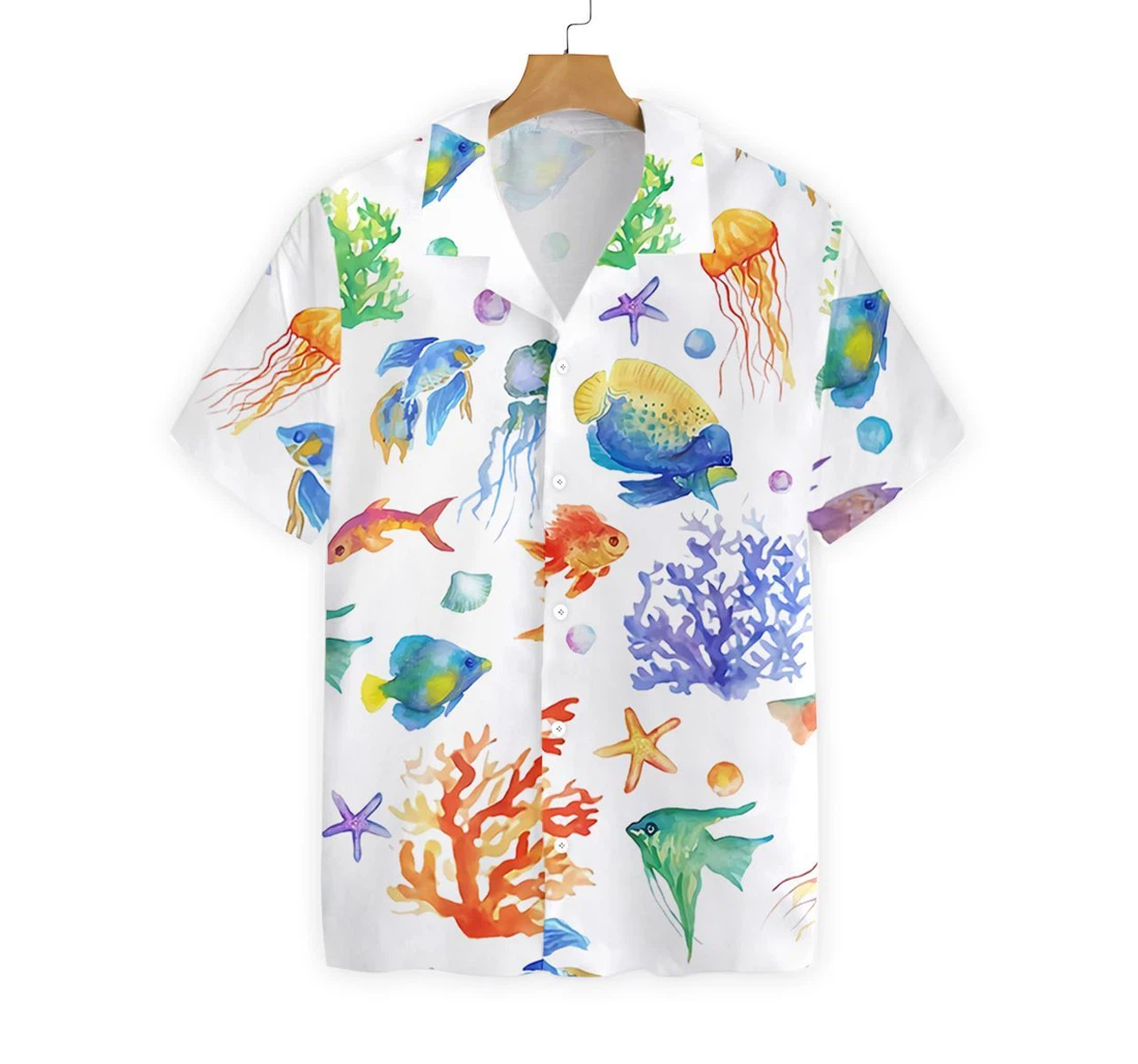 Under The Sea Watercolor Hawaiian Shirt, Button Up Aloha Shirt For Men, Women