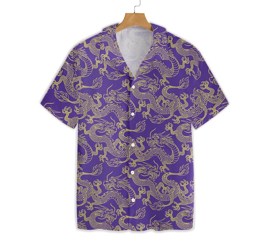 Purple And Gold Edition Oriental Dragon Hawaiian Shirt, Button Up Aloha Shirt For Men, Women