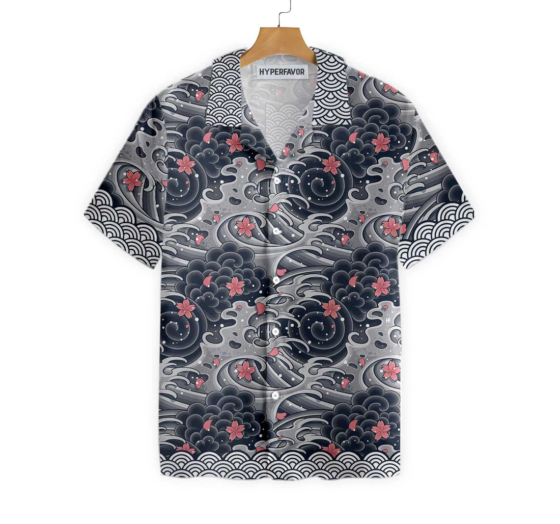 Japanese Red Flower Waves Black And White Cherry Blossom Abstract Hawaiian Shirt, Button Up Aloha Shirt For Men, Women