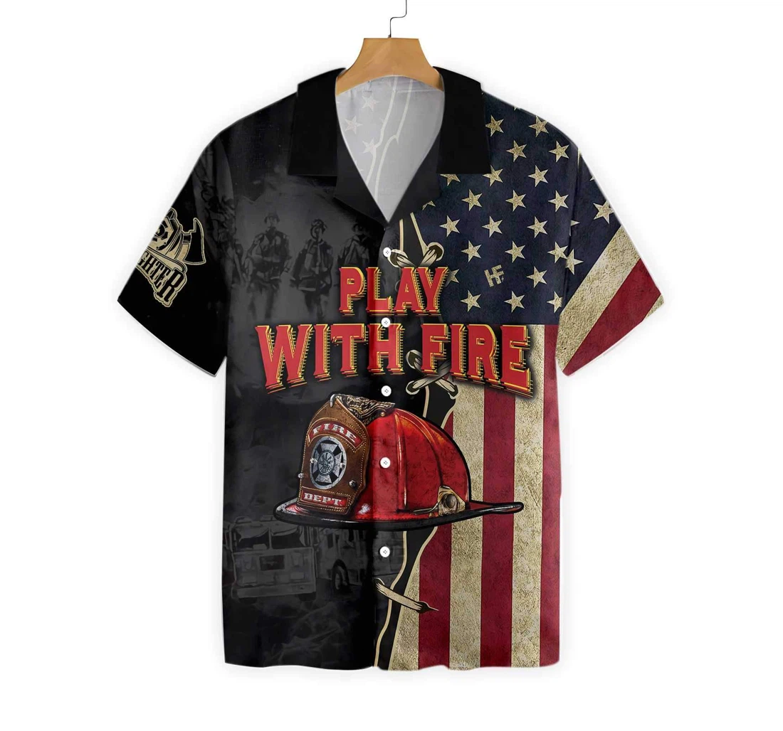 Play With Fire Firefighter Helmet American Flag Black And White Fire Truck Firefighter Hawaiian Shirt, Button Up Aloha Shirt For Men, Women