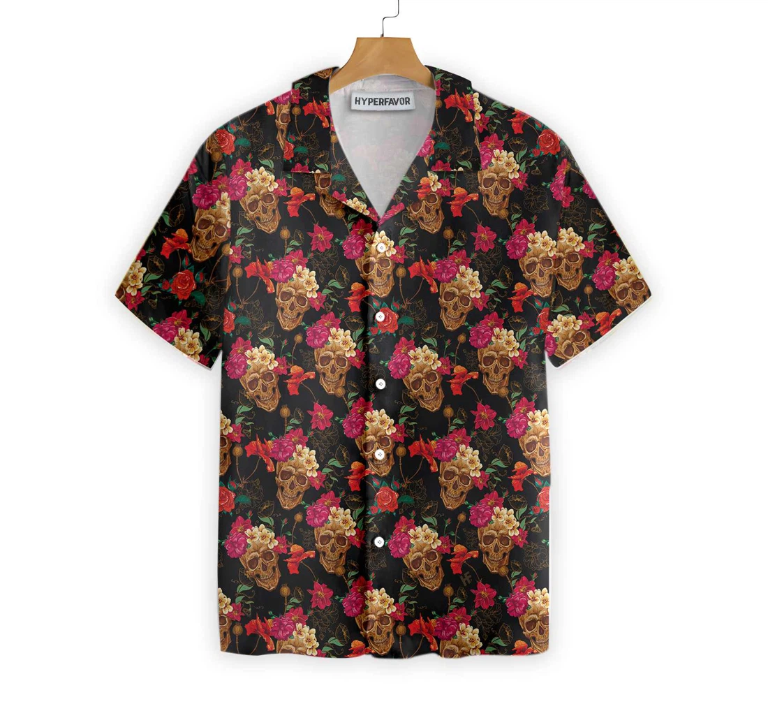 Blooming Skull Hawaiian Shirt, Button Up Aloha Shirt For Men, Women