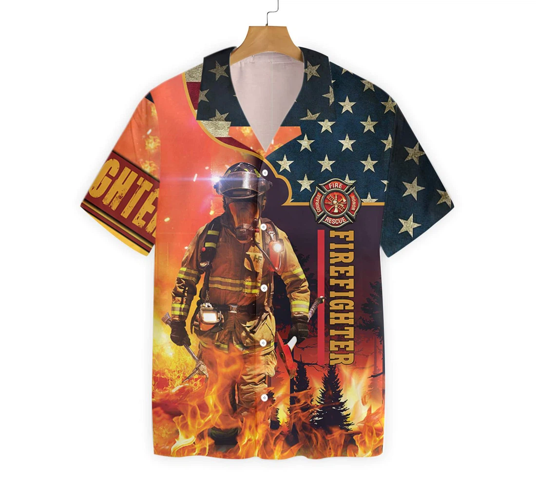 Firefighter With American Flag Fire Rescue Firefighter On Duty Hawaiian Shirt, Button Up Aloha Shirt For Men, Women