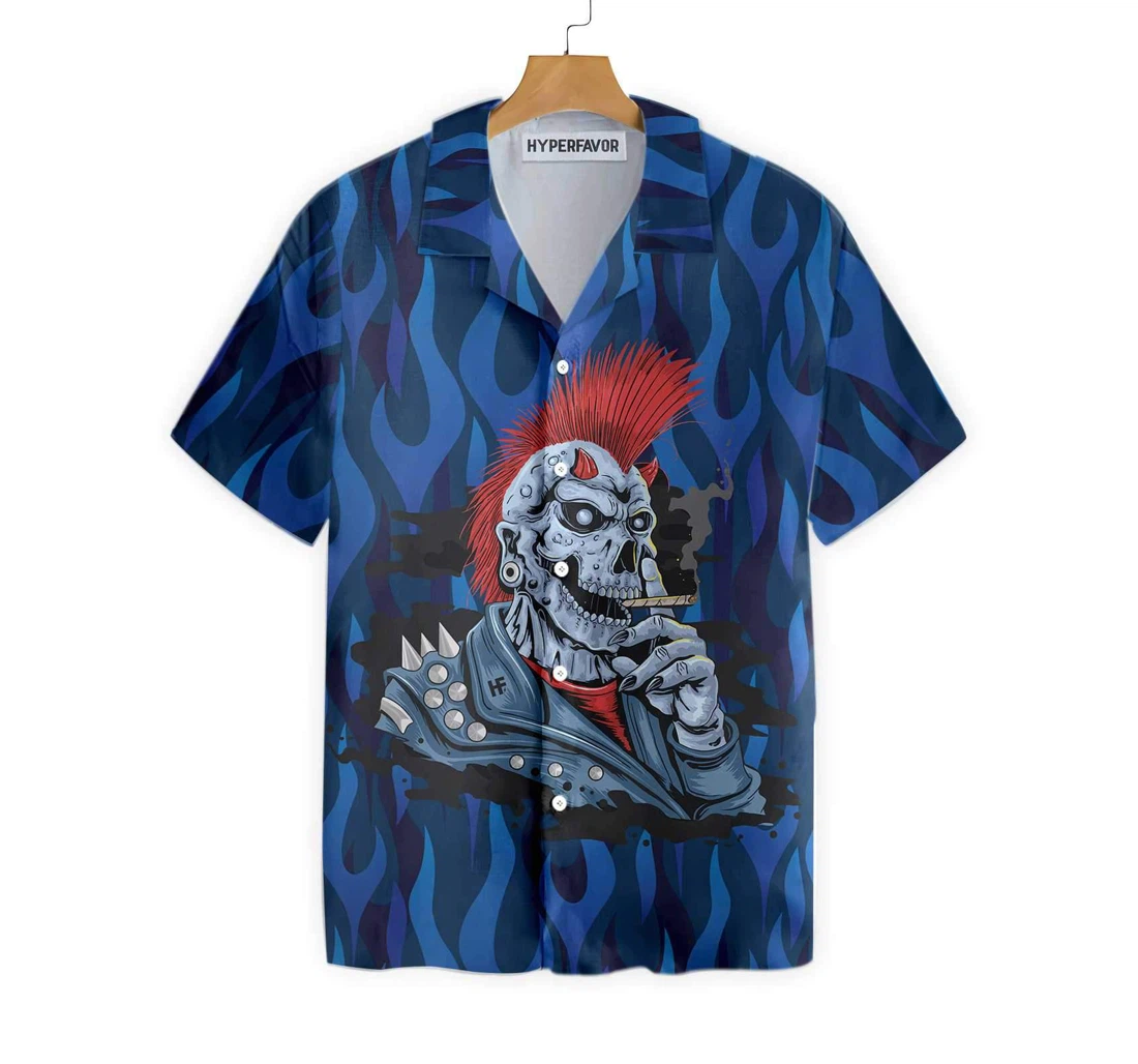 Punk Rock Skull Electric Guitar Blue Flame Pattern Skull Rocker Hawaiian Shirt, Button Up Aloha Shirt For Men, Women