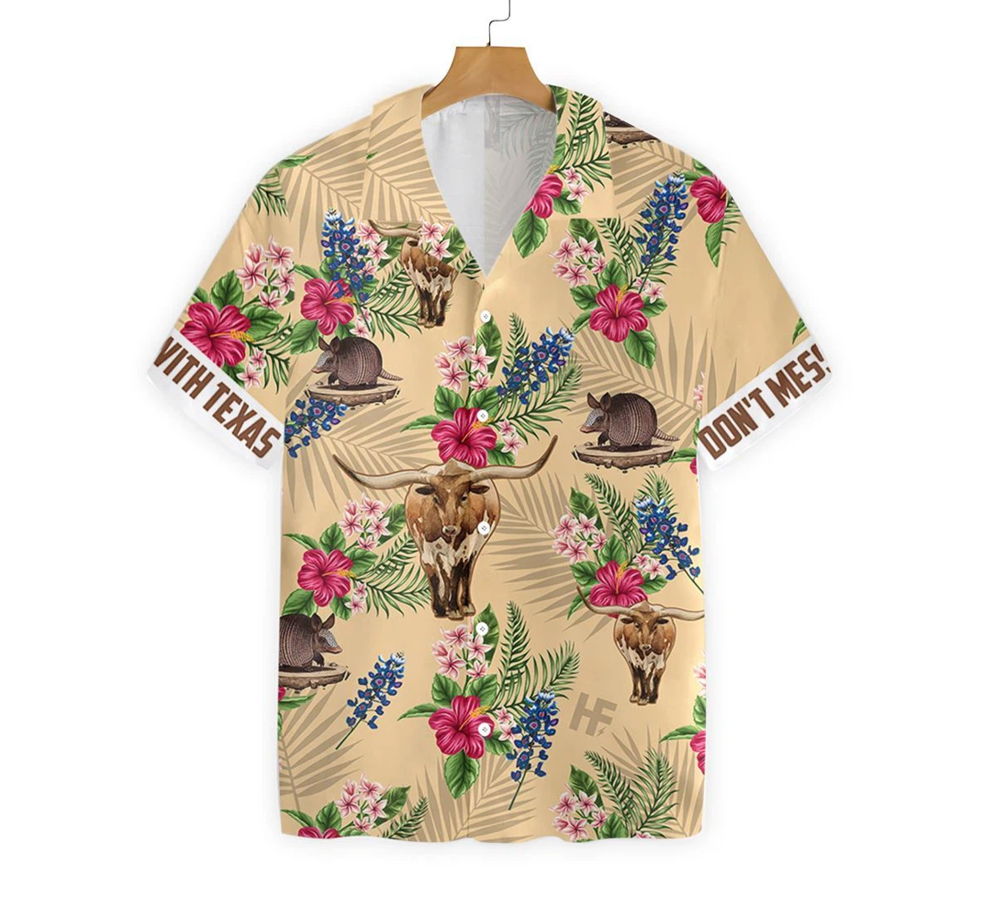 Insignia Bluebonnet Texas White Back Cream Version, Don't Mess With Texas Armadillo And Longhorn, Texas Home Hawaiian Shirt, Button Up Aloha Shirt For Men, Women