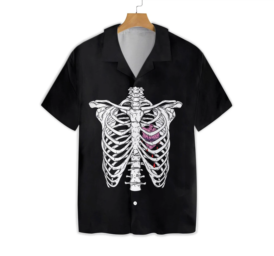 Rib Cage With Broken Heart Goth Hawaiian Shirt, Button Up Aloha Shirt For Men, Women