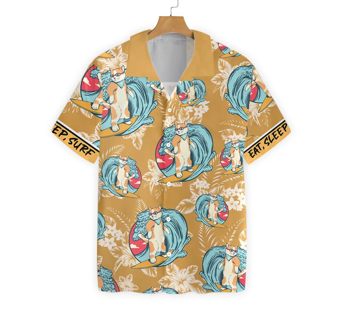 Cat Eat Sleep Surf Hawaiian Shirt, Button Up Aloha Shirt For Men, Women