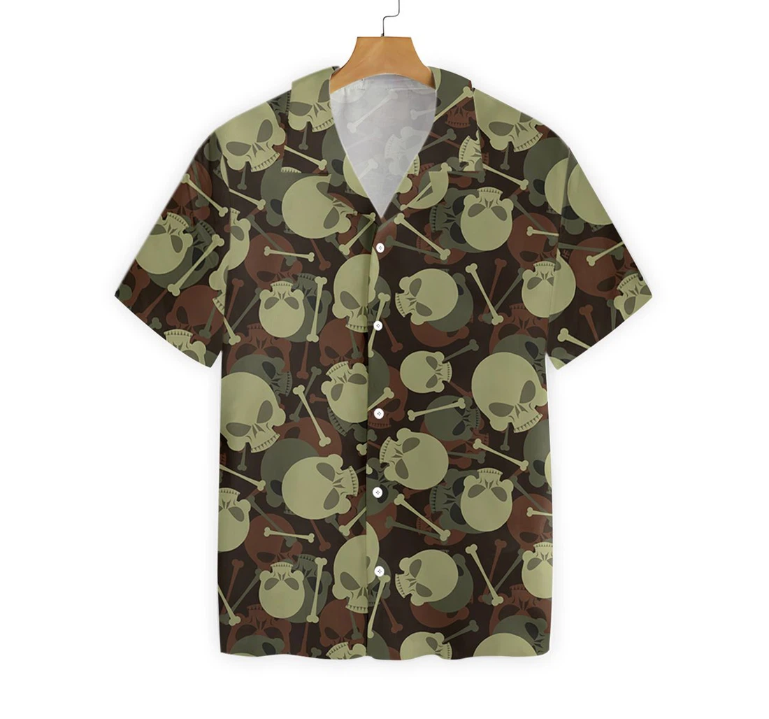 Skull And Bone Military Pattern Hawaiian Shirt, Button Up Aloha Shirt For Men, Women