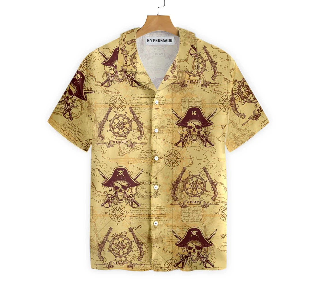 Skull Pirates Of The Ancient Sea Map Hawaiian Shirt, Button Up Aloha Shirt For Men, Women