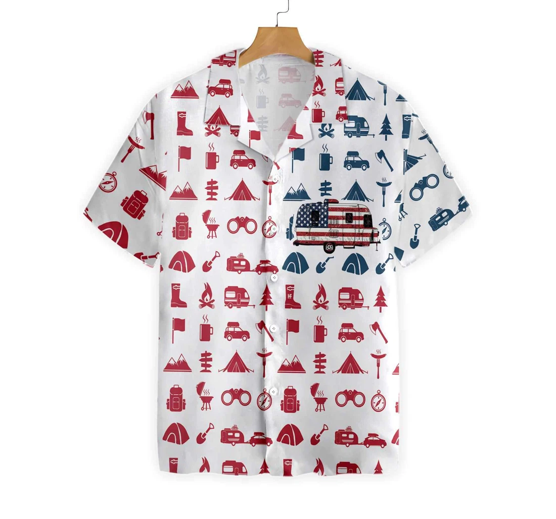 Campervan American Flag Hawaiian Shirt, Button Up Aloha Shirt For Men, Women