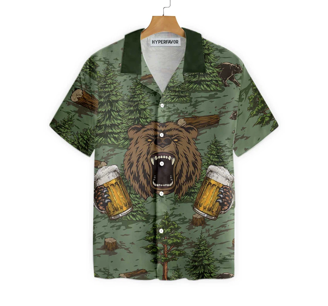 Camping Angry Bear Drink Beer Hawaiian Shirt, Button Up Aloha Shirt For Men, Women