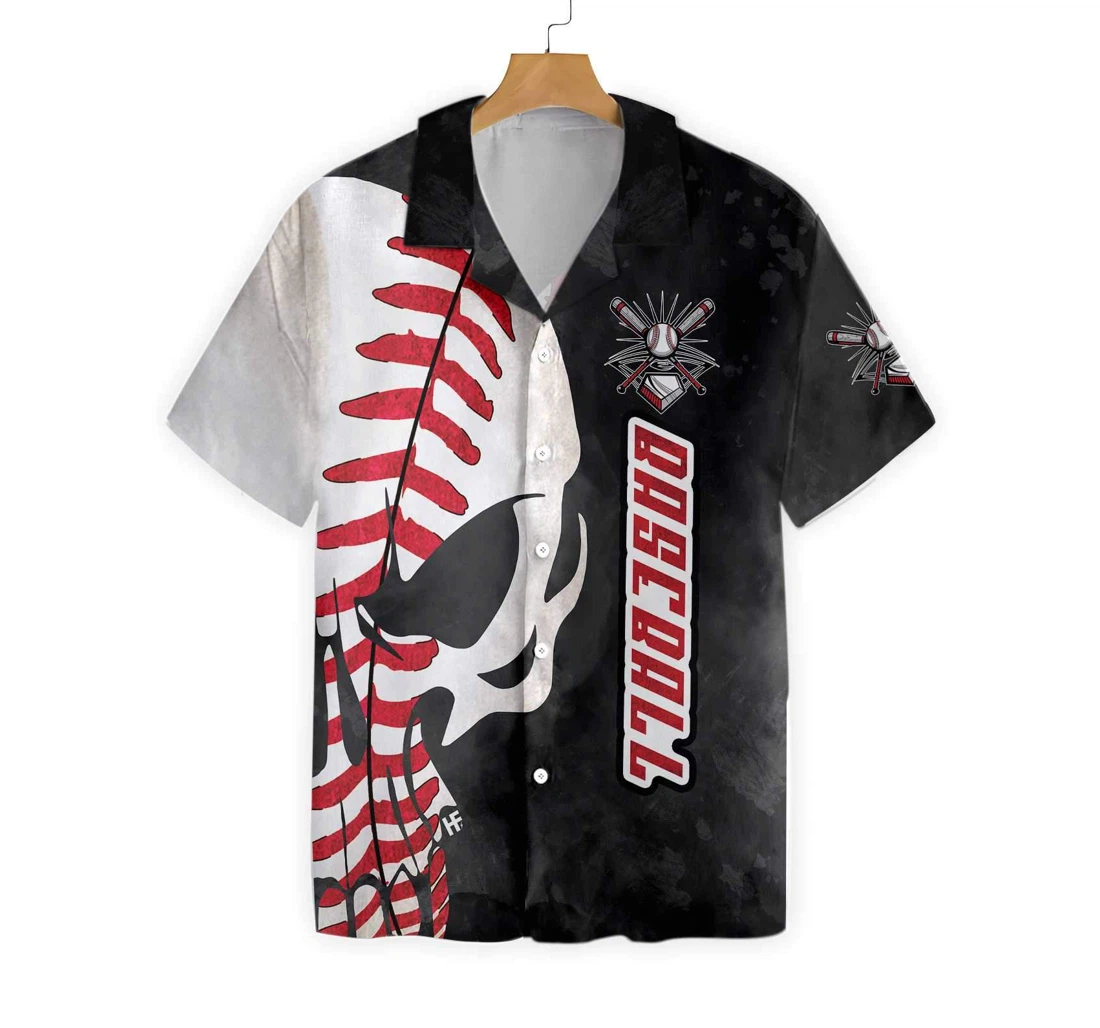 Baseball And Skull Black Hawaiian Shirt, Button Up Aloha Shirt For Men, Women