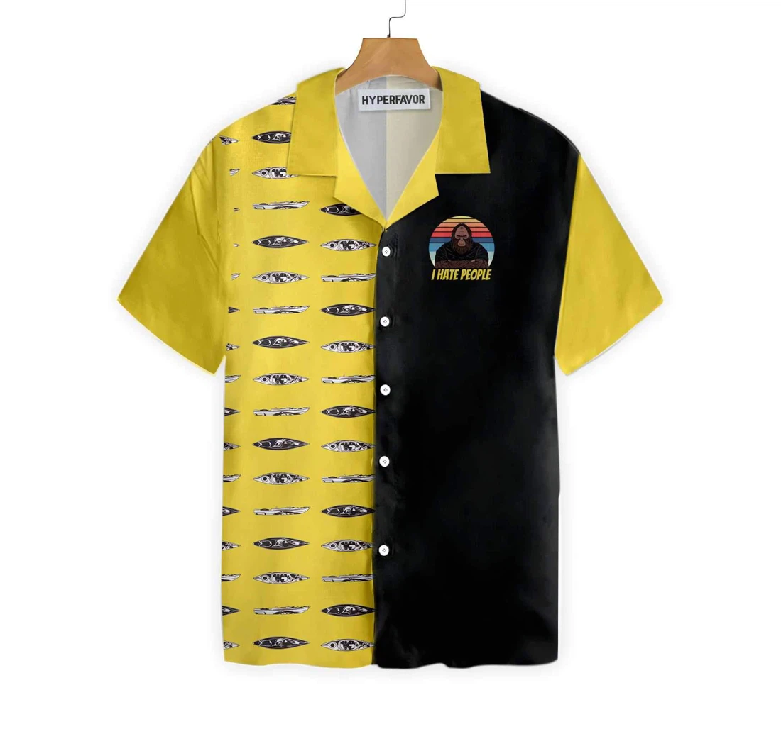 Bigfoot Darryl Love Kayak & Hate People Bigfoot Dawn Palette Black And Yellow Kayaking Bigfoot Hawaiian Shirt, Button Up Aloha Shirt For Men, Women