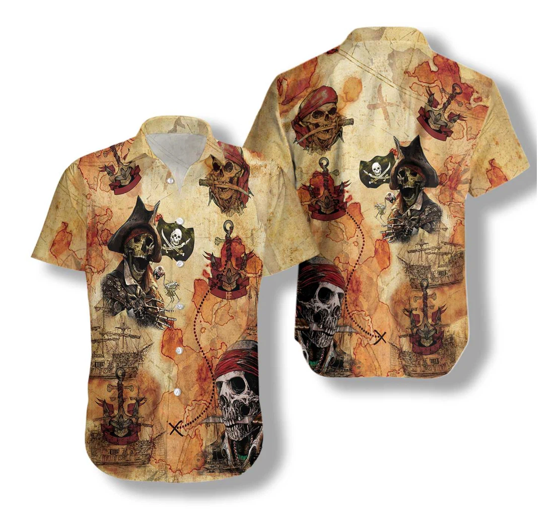 Pirate Skull Treasure Hunt Hawaiian Shirt, Button Up Aloha Shirt For Men, Women