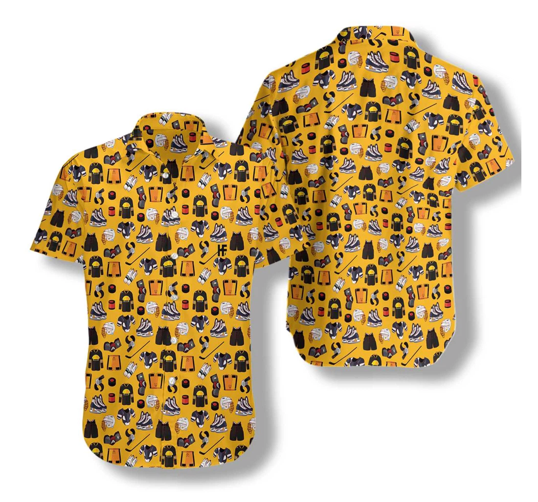 Yellow Ice Hockey Gear Hawaiian Shirt, Button Up Aloha Shirt For Men, Women