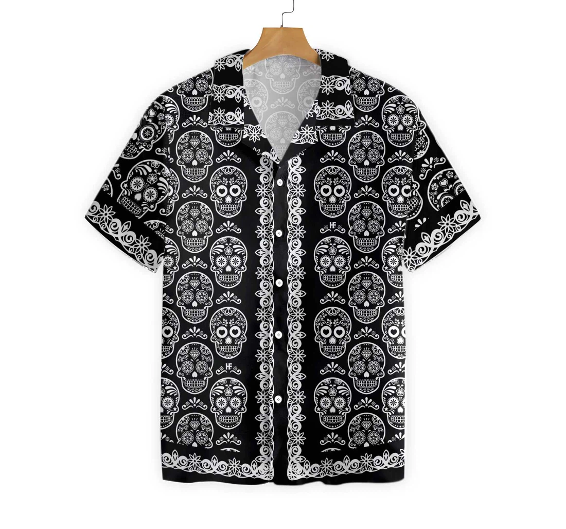 Mexican Sugar Skull On Black Hawaiian Shirt, Button Up Aloha Shirt For Men, Women