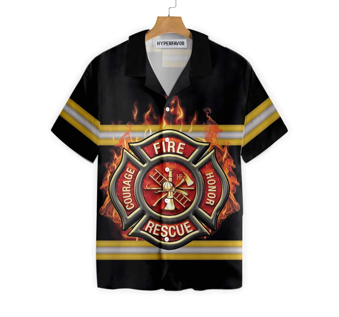 Courage And Honor Fire Dept Badge Firefighter Uniform And Cross Axes Firefighter Hawaiian Shirt, Button Up Aloha Shirt For Men, Women