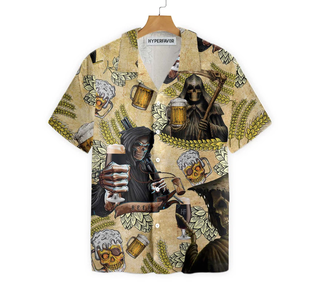 The Death Loves Beer Best Gift Beer Lovers Hawaiian Shirt, Button Up Aloha Shirt For Men, Women