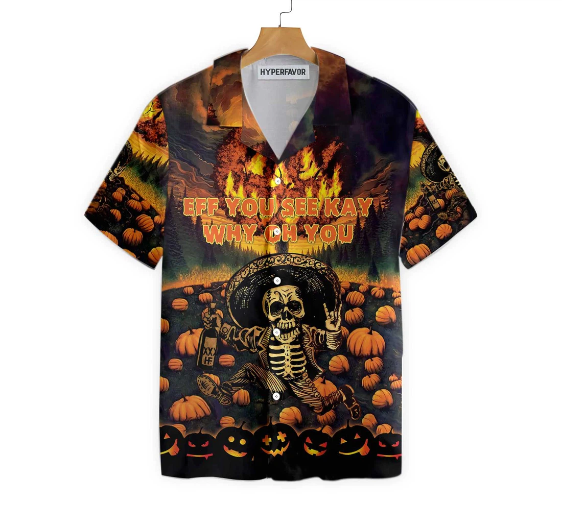 The Burning Pumpkin Sky & Skeleton Halloween Halloween And Hawaiian Shirt, Button Up Aloha Shirt For Men, Women