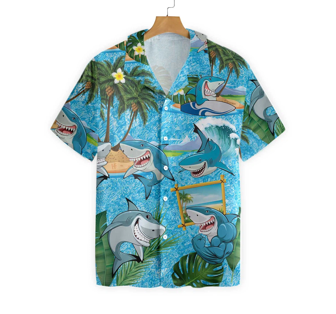 Sharks On The Beach Hawaiian Shirt, Button Up Aloha Shirt For Men, Women