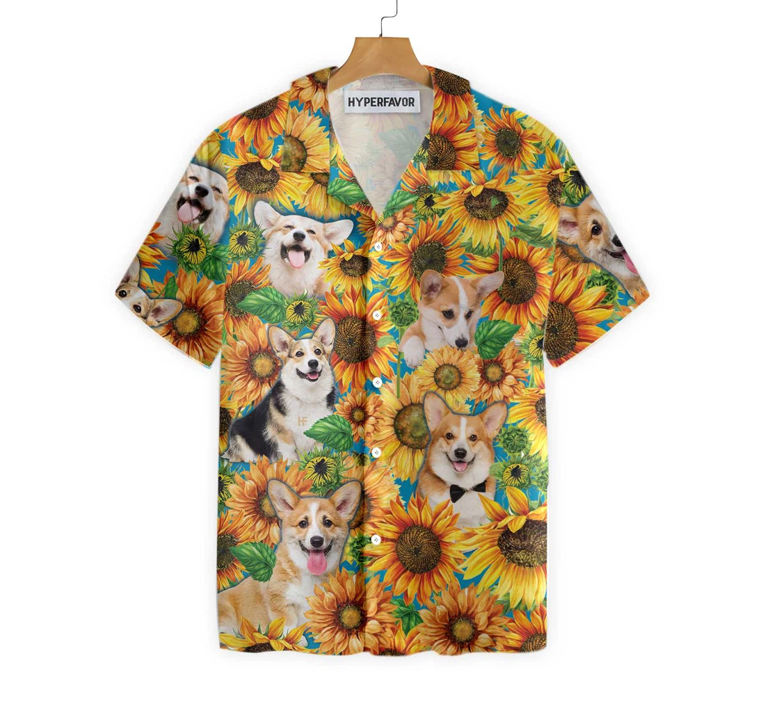 Corgi Lovers With Sunflower Hawaiian Shirt, Button Up Aloha Shirt For Men, Women