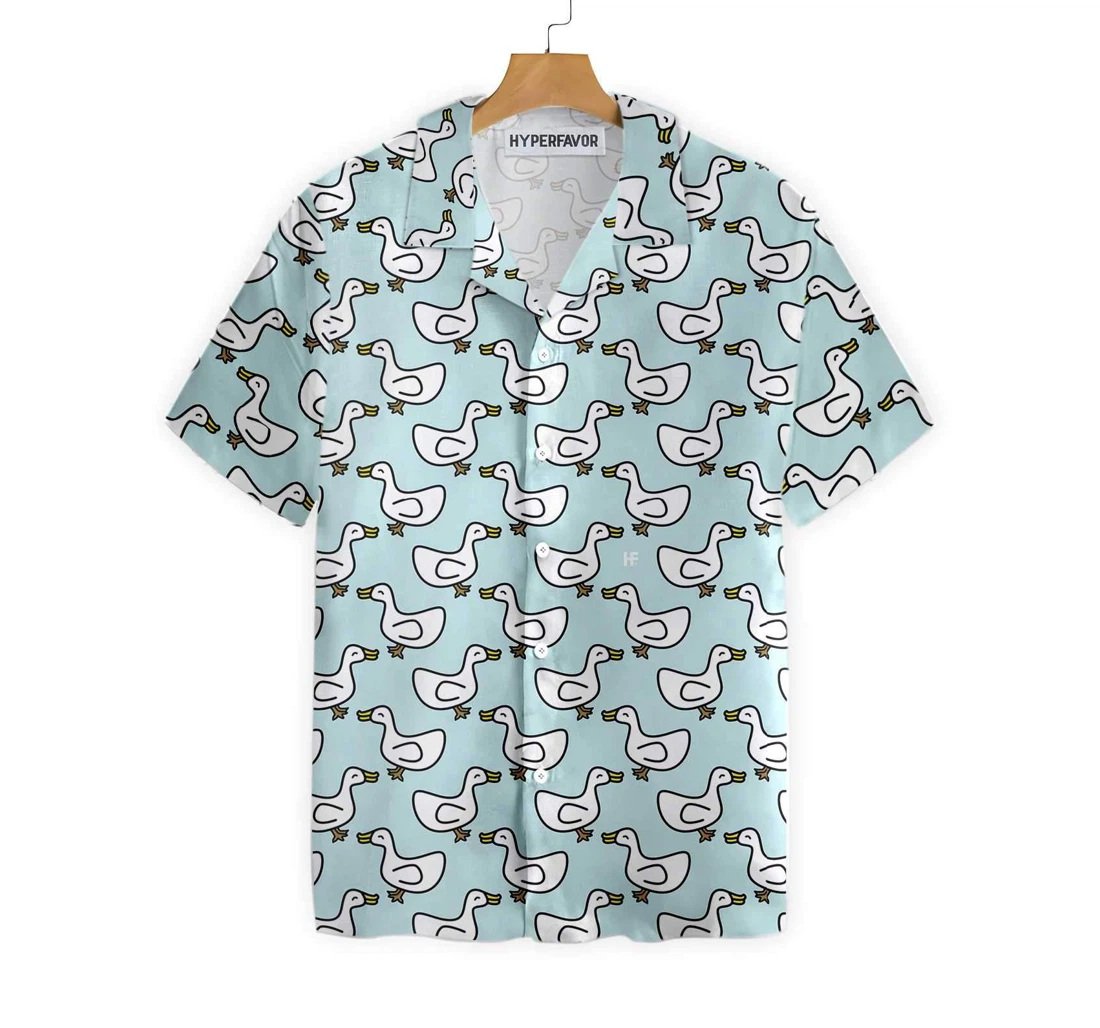 White Duck Cartoon In Blue Hawaiian Shirt, Button Up Aloha Shirt For Men, Women