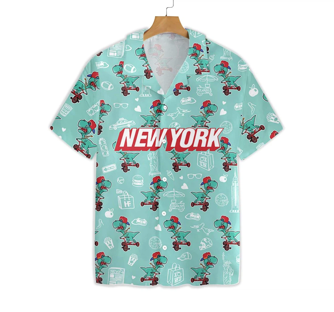 New York T-rex Dinosaur Hawaiian Shirt, Button Up Aloha Shirt For Men, Women