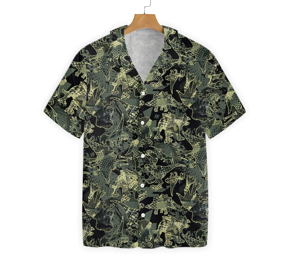 Camo Dinosaur Pattern Hawaiian Shirt, Button Up Aloha Shirt For Men, Women