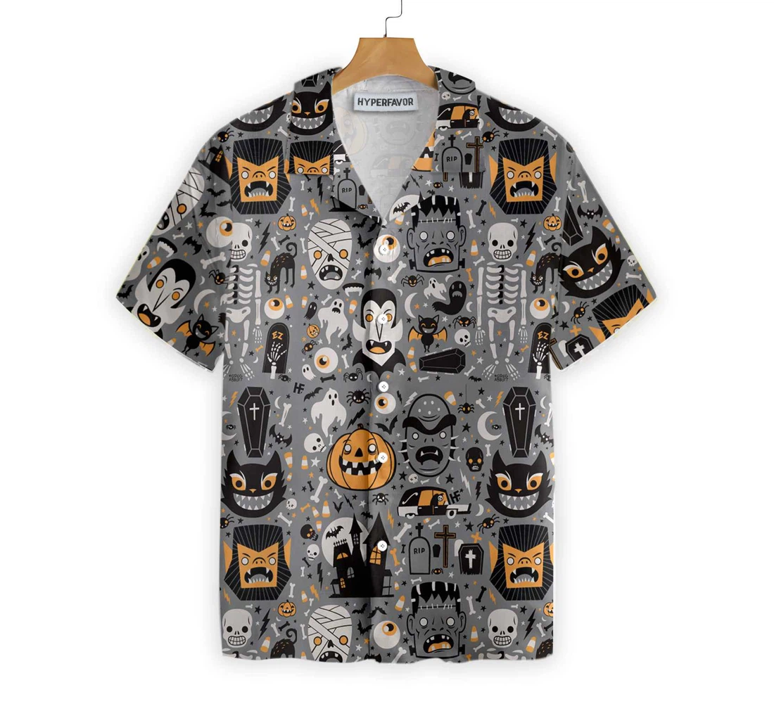 Doodle Pattern Happy Halloween Hawaiian Shirt, Button Up Aloha Shirt For Men, Women