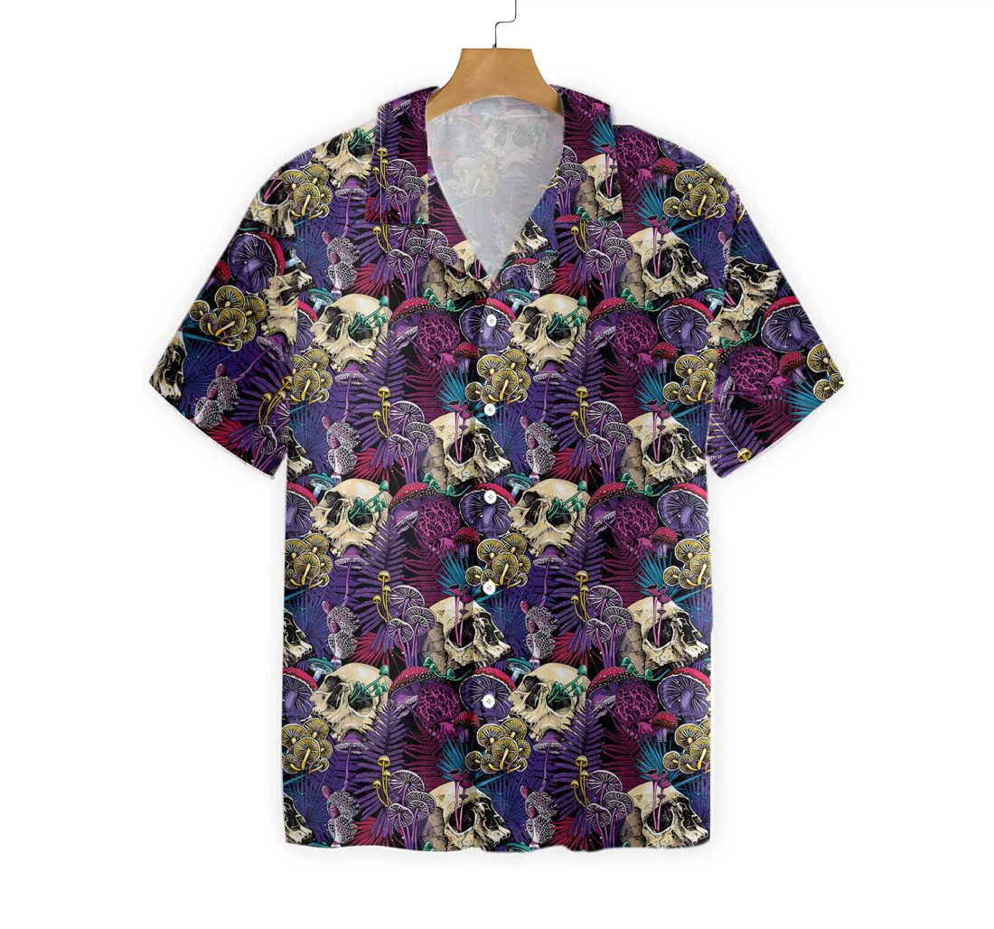 Bright Magic Psychedelic Mushrooms And Skulls Hawaiian Shirt, Button Up Aloha Shirt For Men, Women